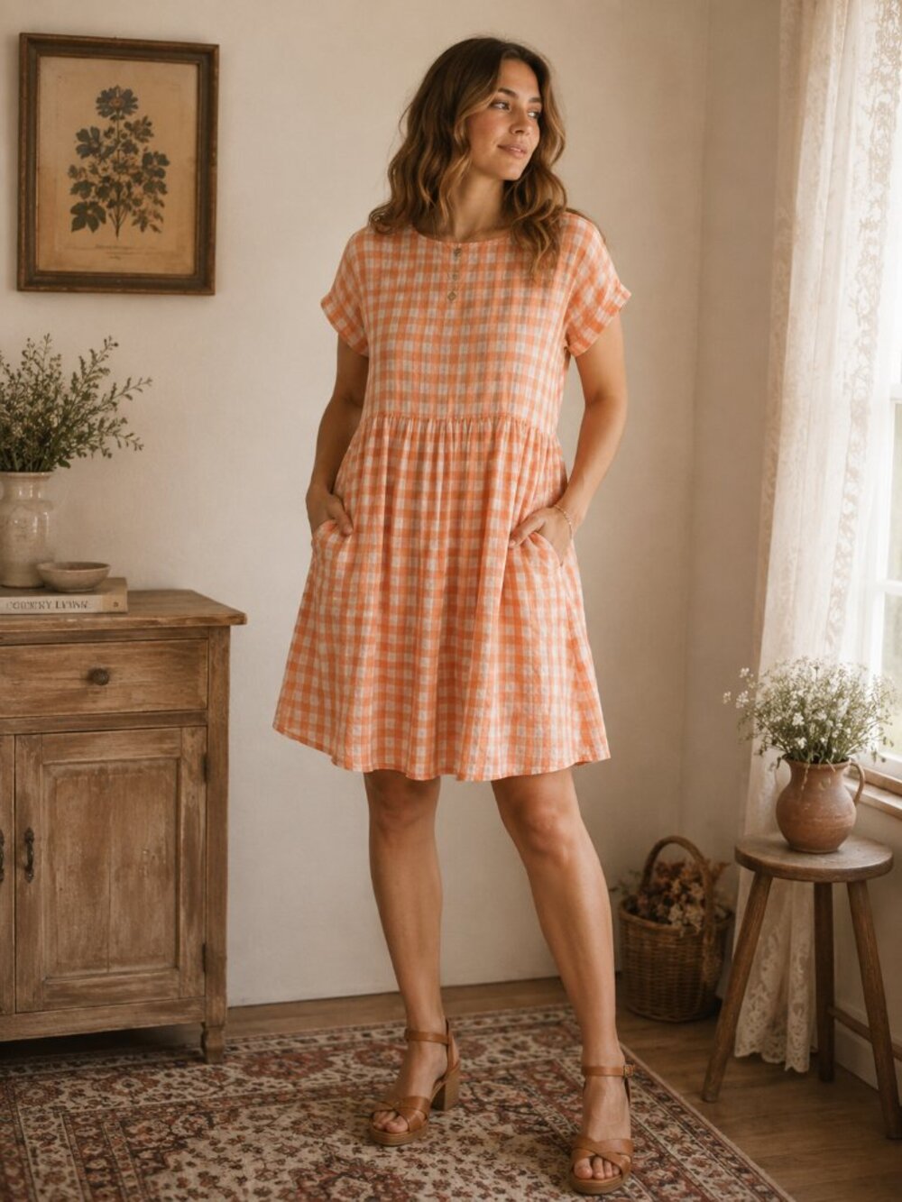 Vintage FADS Peach Gingham Babydoll Dress